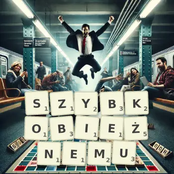 Kreatywna ilustracja do gry w Scrabble ze słowem SZYBKOBIEŻNEMU ułożonym z płytek na planszy.