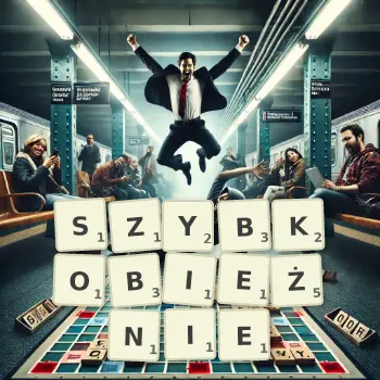 Kreatywna ilustracja do gry w Scrabble ze słowem SZYBKOBIEŻNIE ułożonym z płytek na planszy.