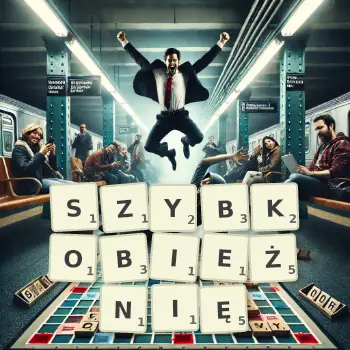 Kreatywna ilustracja do gry w Scrabble ze słowem SZYBKOBIEŻNIĘ ułożonym z płytek na planszy.