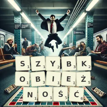 Kreatywna ilustracja do gry w Scrabble ze słowem SZYBKOBIEŻNOŚĆ ułożonym z płytek na planszy.