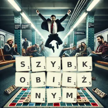 Kreatywna ilustracja do gry w Scrabble ze słowem SZYBKOBIEŻNYM ułożonym z płytek na planszy.