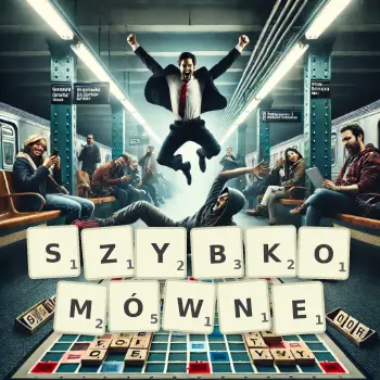Kreatywna ilustracja do gry w Scrabble ze słowem SZYBKOMÓWNE ułożonym z płytek na planszy.