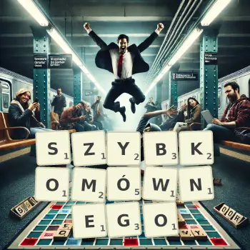 Kreatywna ilustracja do gry w Scrabble ze słowem SZYBKOMÓWNEGO ułożonym z płytek na planszy.