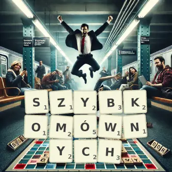 Kreatywna ilustracja do gry w Scrabble ze słowem SZYBKOMÓWNYCH ułożonym z płytek na planszy.