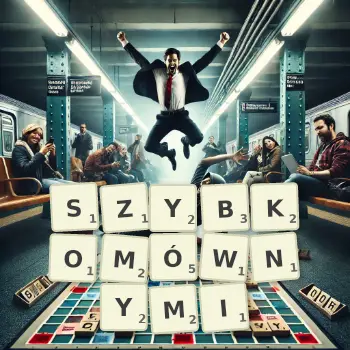 Kreatywna ilustracja do gry w Scrabble ze słowem SZYBKOMÓWNYMI ułożonym z płytek na planszy.