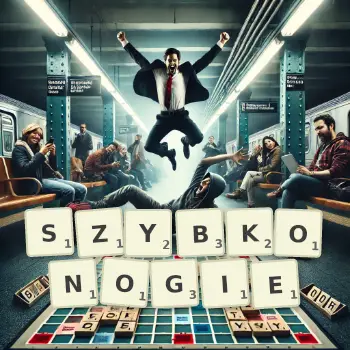 Kreatywna ilustracja do gry w Scrabble ze słowem SZYBKONOGIE ułożonym z płytek na planszy.