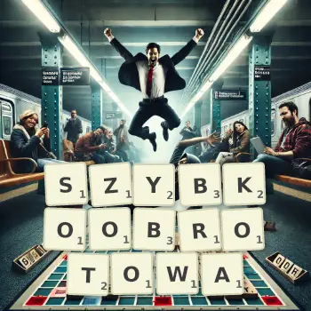 Kreatywna ilustracja do gry w Scrabble ze słowem SZYBKOOBROTOWA ułożonym z płytek na planszy.