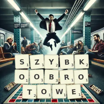 Kreatywna ilustracja do gry w Scrabble ze słowem SZYBKOOBROTOWE ułożonym z płytek na planszy.