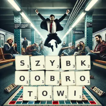 Kreatywna ilustracja do gry w Scrabble ze słowem SZYBKOOBROTOWI ułożonym z płytek na planszy.