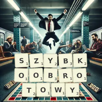 Kreatywna ilustracja do gry w Scrabble ze słowem SZYBKOOBROTOWY ułożonym z płytek na planszy.