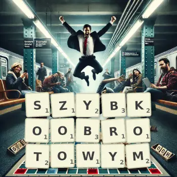 Kreatywna ilustracja do gry w Scrabble ze słowem SZYBKOOBROTOWYM ułożonym z płytek na planszy.