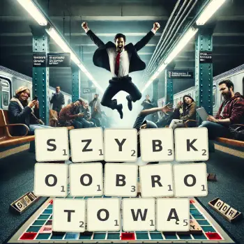 Kreatywna ilustracja do gry w Scrabble ze słowem SZYBKOOBROTOWĄ ułożonym z płytek na planszy.