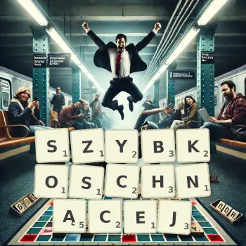 Kreatywna ilustracja do gry w Scrabble ze słowem SZYBKOSCHNĄCEJ ułożonym z płytek na planszy.