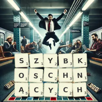 Kreatywna ilustracja do gry w Scrabble ze słowem SZYBKOSCHNĄCYCH ułożonym z płytek na planszy.