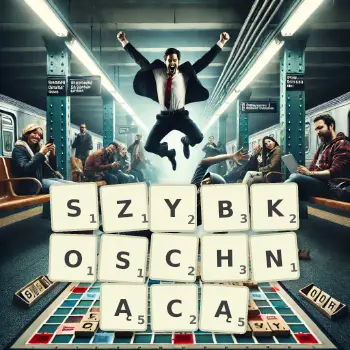 Kreatywna ilustracja do gry w Scrabble ze słowem SZYBKOSCHNĄCĄ ułożonym z płytek na planszy.