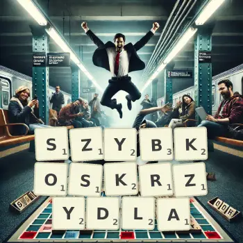 Kreatywna ilustracja do gry w Scrabble ze słowem SZYBKOSKRZYDLA ułożonym z płytek na planszy.