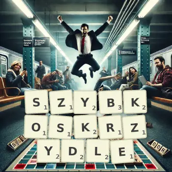 Kreatywna ilustracja do gry w Scrabble ze słowem SZYBKOSKRZYDLE ułożonym z płytek na planszy.