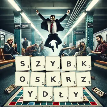 Kreatywna ilustracja do gry w Scrabble ze słowem SZYBKOSKRZYDŁY ułożonym z płytek na planszy.