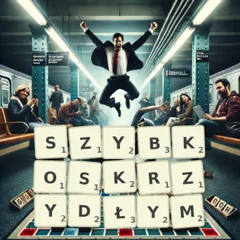 Kreatywna ilustracja do gry w Scrabble ze słowem SZYBKOSKRZYDŁYM ułożonym z płytek na planszy.
