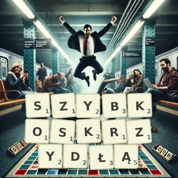 Kreatywna ilustracja do gry w Scrabble ze słowem SZYBKOSKRZYDŁĄ ułożonym z płytek na planszy.