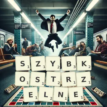 Kreatywna ilustracja do gry w Scrabble ze słowem SZYBKOSTRZELNE ułożonym z płytek na planszy.