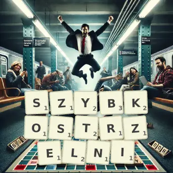 Kreatywna ilustracja do gry w Scrabble ze słowem SZYBKOSTRZELNI ułożonym z płytek na planszy.