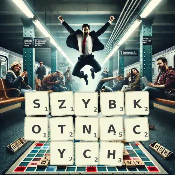 Kreatywna ilustracja do gry w Scrabble ze słowem SZYBKOTNĄCYCH ułożonym z płytek na planszy.