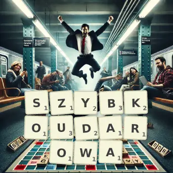 Kreatywna ilustracja do gry w Scrabble ze słowem SZYBKOUDAROWA ułożonym z płytek na planszy.
