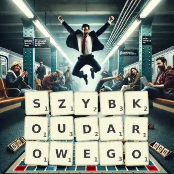 Kreatywna ilustracja do gry w Scrabble ze słowem SZYBKOUDAROWEGO ułożonym z płytek na planszy.