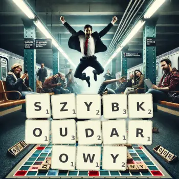 Kreatywna ilustracja do gry w Scrabble ze słowem SZYBKOUDAROWY ułożonym z płytek na planszy.