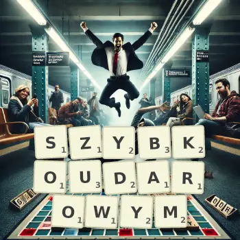 Kreatywna ilustracja do gry w Scrabble ze słowem SZYBKOUDAROWYM ułożonym z płytek na planszy.