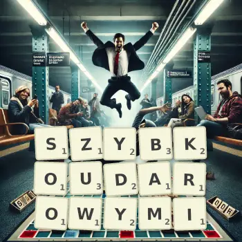 Kreatywna ilustracja do gry w Scrabble ze słowem SZYBKOUDAROWYMI ułożonym z płytek na planszy.
