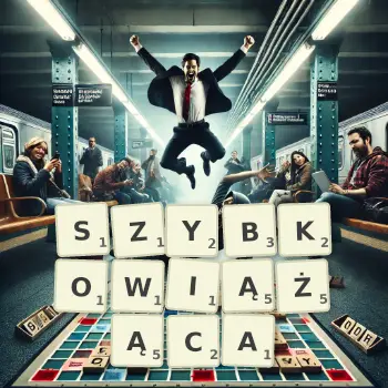 Kreatywna ilustracja do gry w Scrabble ze słowem SZYBKOWIĄŻĄCA ułożonym z płytek na planszy.