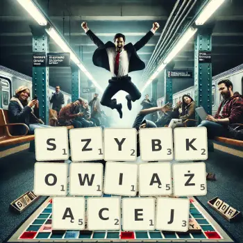Kreatywna ilustracja do gry w Scrabble ze słowem SZYBKOWIĄŻĄCEJ ułożonym z płytek na planszy.