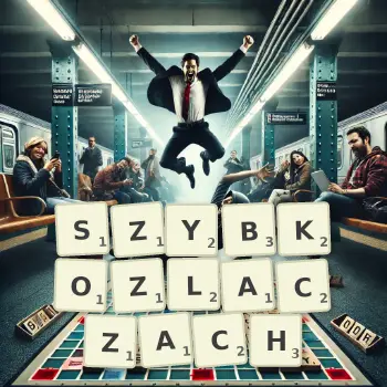 Kreatywna ilustracja do gry w Scrabble ze słowem SZYBKOZLACZACH ułożonym z płytek na planszy.