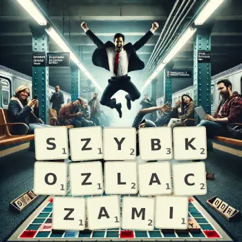 Kreatywna ilustracja do gry w Scrabble ze słowem SZYBKOZLACZAMI ułożonym z płytek na planszy.