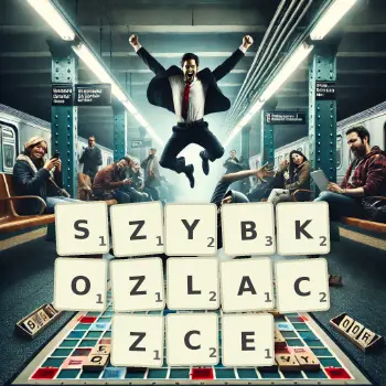 Kreatywna ilustracja do gry w Scrabble ze słowem SZYBKOZLACZCE ułożonym z płytek na planszy.