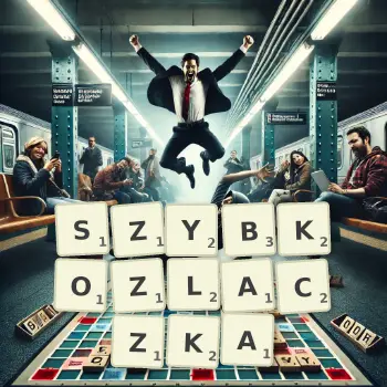 Kreatywna ilustracja do gry w Scrabble ze słowem SZYBKOZLACZKA ułożonym z płytek na planszy.