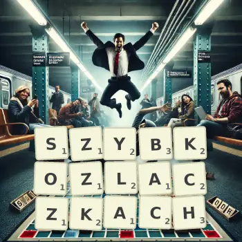 Kreatywna ilustracja do gry w Scrabble ze słowem SZYBKOZLACZKACH ułożonym z płytek na planszy.