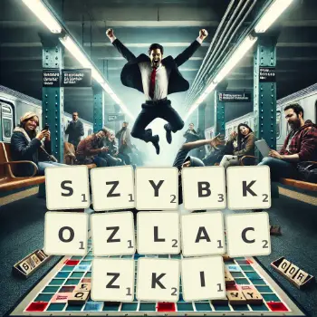 Kreatywna ilustracja do gry w Scrabble ze słowem SZYBKOZLACZKI ułożonym z płytek na planszy.