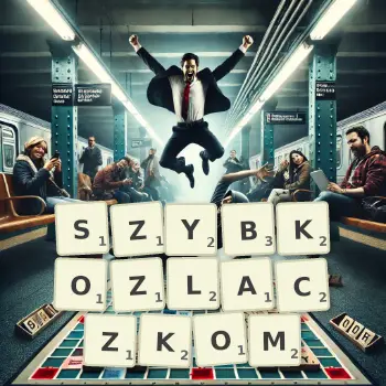 Kreatywna ilustracja do gry w Scrabble ze słowem SZYBKOZLACZKOM ułożonym z płytek na planszy.