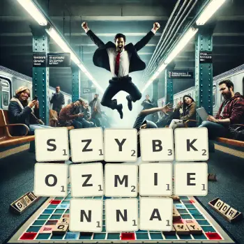 Kreatywna ilustracja do gry w Scrabble ze słowem SZYBKOZMIENNA ułożonym z płytek na planszy.