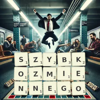 Kreatywna ilustracja do gry w Scrabble ze słowem SZYBKOZMIENNEGO ułożonym z płytek na planszy.