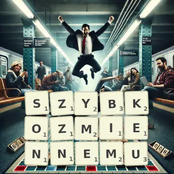 Kreatywna ilustracja do gry w Scrabble ze słowem SZYBKOZMIENNEMU ułożonym z płytek na planszy.
