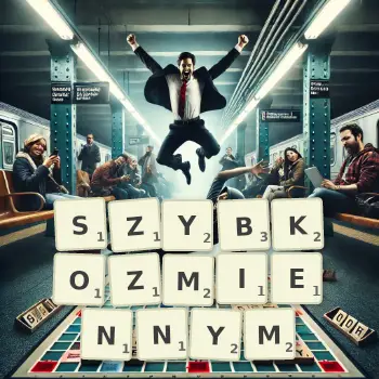 Kreatywna ilustracja do gry w Scrabble ze słowem SZYBKOZMIENNYM ułożonym z płytek na planszy.