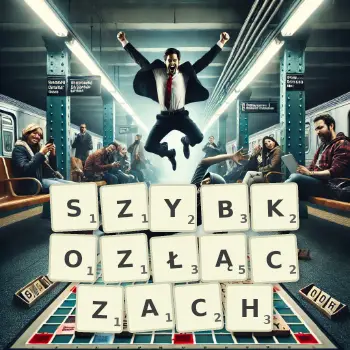 Kreatywna ilustracja do gry w Scrabble ze słowem SZYBKOZŁĄCZACH ułożonym z płytek na planszy.