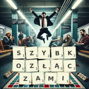 Kreatywna ilustracja do gry w Scrabble ze słowem SZYBKOZŁĄCZAMI ułożonym z płytek na planszy.