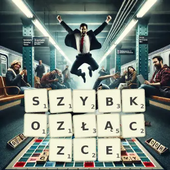 Kreatywna ilustracja do gry w Scrabble ze słowem SZYBKOZŁĄCZCE ułożonym z płytek na planszy.