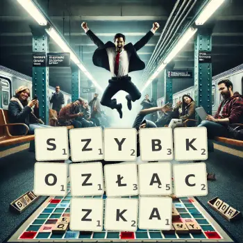 Kreatywna ilustracja do gry w Scrabble ze słowem SZYBKOZŁĄCZKA ułożonym z płytek na planszy.
