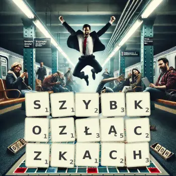 Kreatywna ilustracja do gry w Scrabble ze słowem SZYBKOZŁĄCZKACH ułożonym z płytek na planszy.